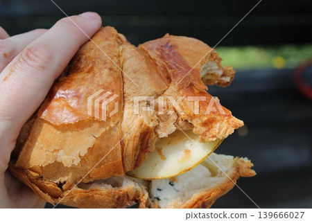 Hand holding a freshly baked croissant sandwich filled with cheese and apple slices, showcasing flaky layers and golden crust against a blurred outdoor background Hand holding a freshly baked croissant sandwich filled with cheese and apple slices, showcasing flaky layers and golden crust against a blurred outdoor background 139666027