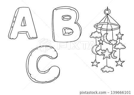 Outline of letters A, B, C in playful font style alongside a mobile hanging with clouds, stars, and moons for childrens room decor or educational purposes Outline of letters A, B, C in playful font style alongside a mobile hanging with clouds, stars, and moons for childrens room decor or educational purposes 139666101