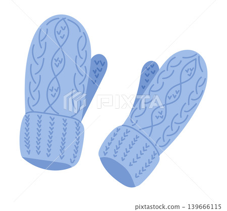 Pair of blue knitted mittens with intricate cable patterns, featuring a folded cuff design, isolated on a white background for winter apparel or accessory use Pair of blue knitted mittens with intricate cable patterns, featuring a folded cuff design, isolated on a white background for winter apparel or accessory use 139666115