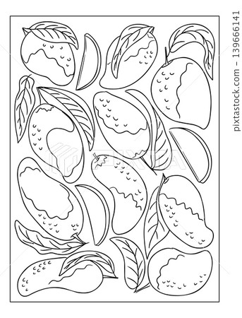Black and white illustration of various mangoes and mango slices with detailed leaves, designed for coloring activities, suitable for children and adults alike Black and white illustration of various mangoes and mango slices with detailed leaves, designed for coloring activities, suitable for children and adults alike 139666141