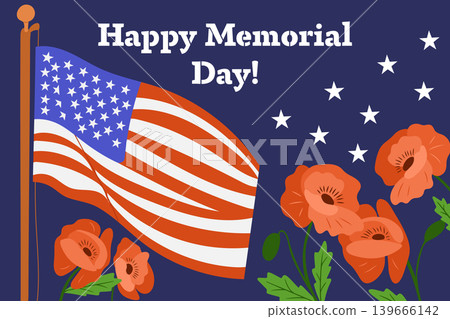 American flag waving alongside vibrant red poppy flowers with text Happy Memorial Day on a blue background celebrating the holiday and honoring veterans American flag waving alongside vibrant red poppy flowers with text Happy Memorial Day on a blue background celebrating the holiday and honoring veterans 139666142