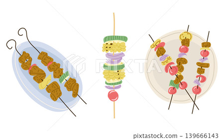 Colorful illustration of skewers with grilled meat and vegetables arranged on plates, showcasing various ingredients and vibrant colors in a culinary presentation Colorful illustration of skewers with grilled meat and vegetables arranged on plates, showcasing various ingredients and vibrant colors in a culinary presentation 139666143