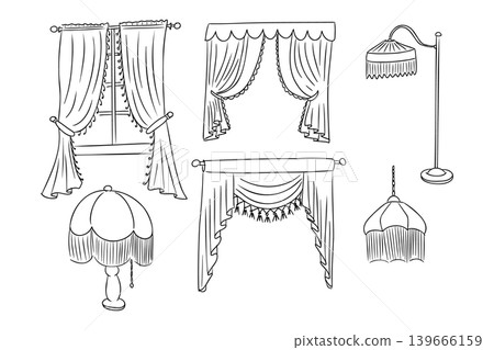 Collection of hand-drawn decorative curtains, lampshades, and light fixtures in various styles, showcasing intricate designs and elegant details for interior decor 139666159