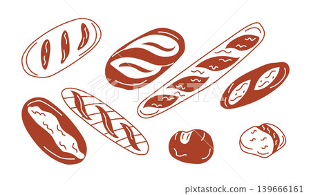 Illustrated assortment of bread loaves and rolls in various shapes and textures, presented in a minimalist style against a clean white background Illustrated assortment of bread loaves and rolls in various shapes and textures, presented in a minimalist style against a clean white background 139666161