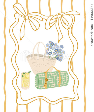 Illustration of a picnic scene featuring a woven bag, green checkered blanket, flowers, and a refreshing drink on a striped background with decorative bows Illustration of a picnic scene featuring a woven bag, green checkered blanket, flowers, and a refreshing drink on a striped background with decorative bows 139666165