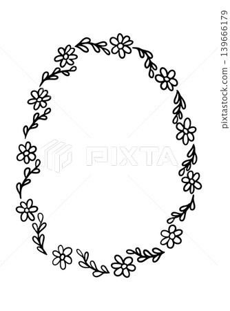 Floral border illustration featuring delicate flowers and leaves arranged in an oval shape, suitable for invitations, greeting cards, or decorative designs 139666179