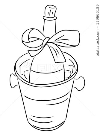 Champagne bottle in an ice bucket with a decorative bow, illustrated in a simple line art style, suitable for celebration and event-themed designs Champagne bottle in an ice bucket with a decorative bow, illustrated in a simple line art style, suitable for celebration and event-themed designs 139666189