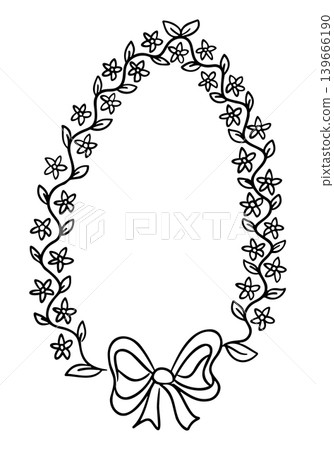 Floral wreath illustration featuring delicate flowers and a bow, designed in a simple black line art style suitable for various decorative purposes Floral wreath illustration featuring delicate flowers and a bow, designed in a simple black line art style suitable for various decorative purposes 139666190