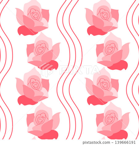 Floral pattern design featuring pink roses with red outlines on a white background, suitable for textiles, wallpapers, and decorative applications Floral pattern design featuring pink roses with red outlines on a white background, suitable for textiles, wallpapers, and decorative applications 139666191