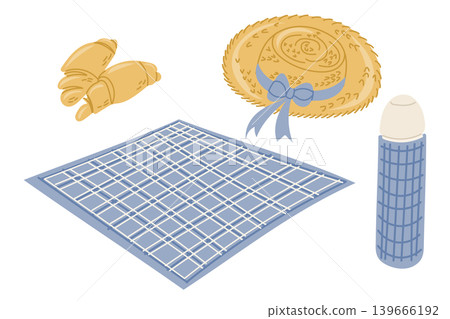 Picnic items featuring a straw hat, croissants, a blue checkered blanket, and sunscreen bottle displayed on a white background for outdoor dining preparation Picnic items featuring a straw hat, croissants, a blue checkered blanket, and sunscreen bottle displayed on a white background for outdoor dining preparation 139666192