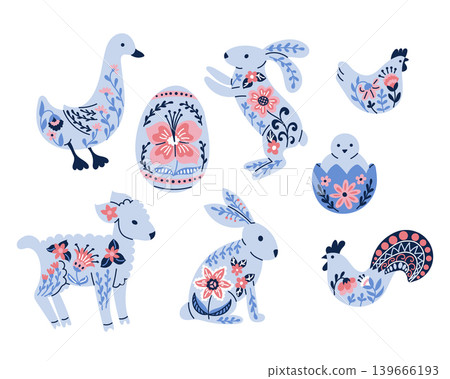 Colorful illustrated animals and Easter egg with floral patterns, including a duck, rabbit, chick, lamb, and hen, arranged in a playful composition on a white background 139666193