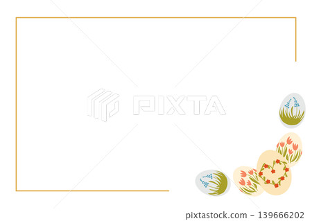 Decorative Easter egg illustration featuring colorful eggs with floral designs and a blank white space for text, bordered by a thin golden frame 139666202
