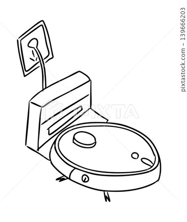 Illustration of a robotic vacuum cleaner docked at its charging station with a power cord plugged into the wall outlet, showcasing a modern home cleaning device Illustration of a robotic vacuum cleaner docked at its charging station with a power cord plugged into the wall outlet, showcasing a modern home cleaning device 139666203