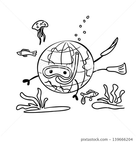 Cartoon illustration of Earth wearing snorkeling gear, surrounded by fish, jellyfish, and underwater plants, depicting a playful ocean exploration theme Cartoon illustration of Earth wearing snorkeling gear, surrounded by fish, jellyfish, and underwater plants, depicting a playful ocean exploration theme 139666204