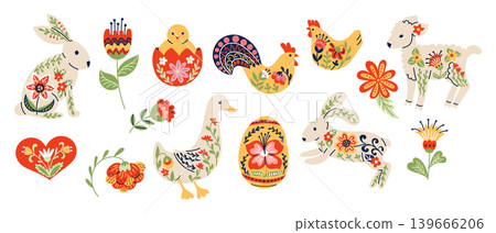 Colorful Easter-themed illustrations featuring floral designs of rabbits, chickens, ducks, and eggs arranged in a playful, decorative layout on a white background Colorful Easter-themed illustrations featuring floral designs of rabbits, chickens, ducks, and eggs arranged in a playful, decorative layout on a white background 139666206