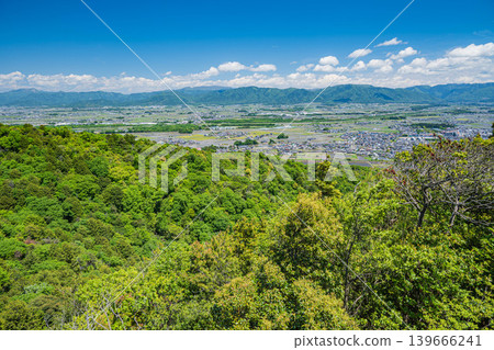View of the Omi Plain from the Akagami-yama (Tarobo-yama) observation deck, Higashiomi City, Shiga Prefecture 139666241