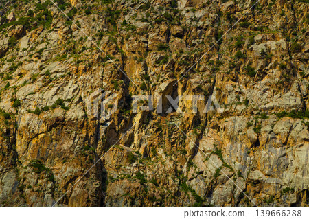 Rugged rocky cliff face with sparse green vegetation Rugged rocky cliff face with sparse green vegetation 139666288