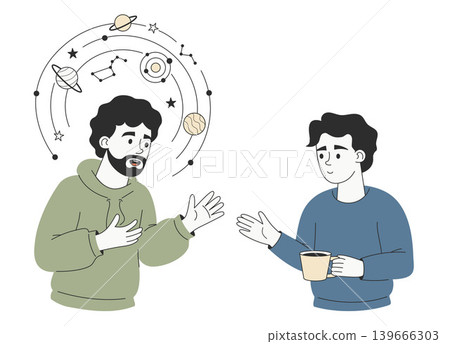 Autistic Man Sharing Special Interest in Astronomy with Male Friend. Neurodiversity Communication Concept. Enthusiastic Character Talking About Space and Planets. Isolated Vector Illustration. Autistic Man Sharing Special Interest in Astronomy with Male Friend. Neurodiversity Communication Concept. Enthusiastic Character Talking About Space and Planets. Isolated Vector Illustration. 139666303