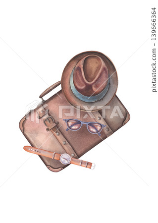 Suitcase, men hat, sunglasses, watch. Hand-painted illustration isolated on white. Perfect for travel, fashion branding, advertising, editorial design, posters, cards, invitation, websites, blogging Suitcase, men hat, sunglasses, watch. Hand-painted illustration isolated on white. Perfect for travel, fashion branding, advertising, editorial design, posters, cards, invitation, websites, blogging 139666364