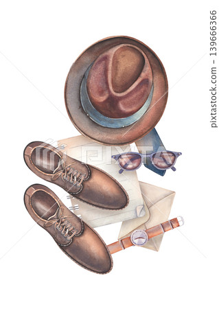 Notebook, hat, boots, sunglasses, wristwatch, envelope. Hand-painted watercolor illustration isolated on white for lifestyle, fashion branding, editorial design, posters, cards, decor, websites Notebook, hat, boots, sunglasses, wristwatch, envelope. Hand-painted watercolor illustration isolated on white for lifestyle, fashion branding, editorial design, posters, cards, decor, websites 139666366