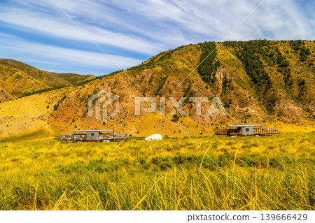 Apiary Structures in Golden-Grass Meadow with Mountains in Kyrgyzstan 139666429