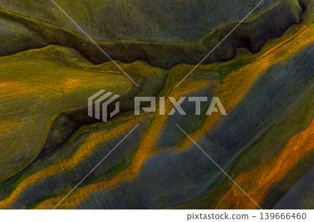 Aerial View of Rolling Agricultural Fields at Golden Hour Aerial View of Rolling Agricultural Fields at Golden Hour 139666460