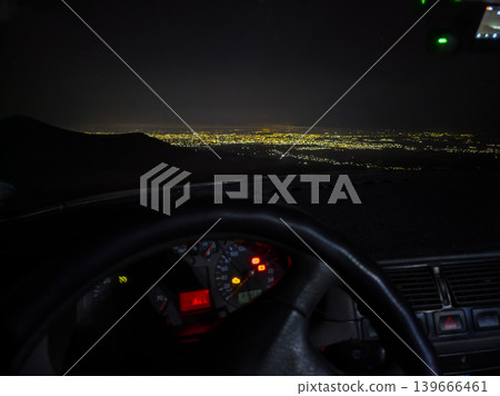 Night View of Bishkek Cityscape from Car Interior 139666461