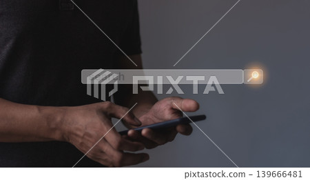 Young man with smartphone mobile to search bar, Search job Young man with smartphone mobile to search bar, Search job 139666481