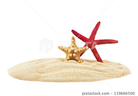 Starfish on Sand Isolated on White Background. Minimal composition of starfish on sand isolated on white background with copy space. 139666500