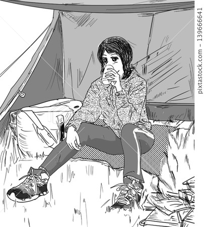 一個露營女孩在帳篷裡放鬆。 一個露營女孩在帳篷裡放鬆。 139666641
