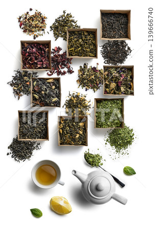 Large assortment of tea on a white background. The view from the top 139666740