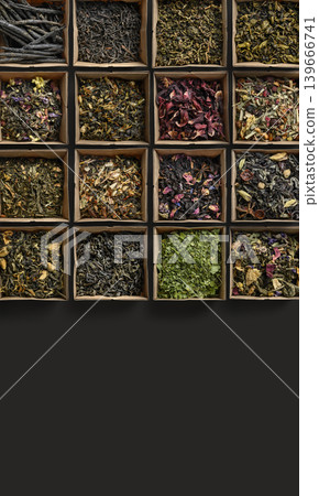Large assortment of tea on a dark background. The view from the top Large assortment of tea on a dark background. The view from the top 139666741