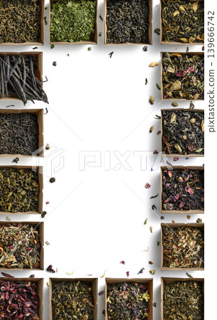 Large assortment of teas in the form of a frame on a white background. The view from the top Large assortment of teas in the form of a frame on a white background. The view from the top 139666742