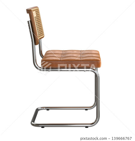 Modern retro vintage chair with brown leather seat and metal frame Modern retro vintage chair with brown leather seat and metal frame 139666767