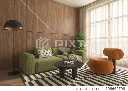 Mid century style conceptual dopamine interior room 3d illustration Mid century style conceptual dopamine interior room 3d illustration 139666798