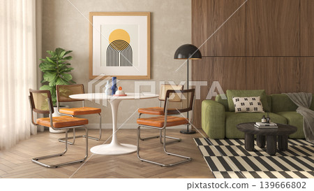 Mid century style conceptual dopamine interior room 3d illustration Mid century style conceptual dopamine interior room 3d illustration 139666802