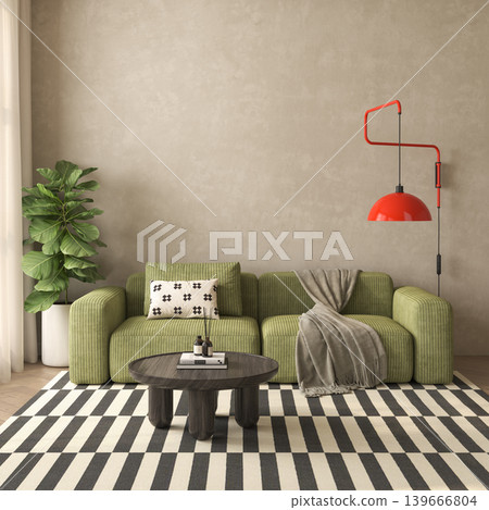 Mid century style conceptual dopamine interior room 3d illustration Mid century style conceptual dopamine interior room 3d illustration 139666804