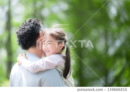 A smiling little girl hugs her father in a park surrounded by fresh greenery. A picture of parent-child love and happy family time. "I love you, Daddy!" Perfect for Father's Day and other special occasions. A smiling little girl hugs her father in a park surrounded by fresh greenery. A picture of parent-child love and happy family time. "I love you, Daddy!" Perfect for Father's Day and other special occasions. 139666810