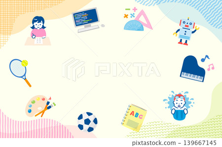 以流行風格插圖為背景的邊框,描繪了小學生的學校生活、學習和課外活動,例如初中入學考試和游泳課。 以流行風格插圖為背景的邊框,描繪了小學生的學校生活、學習和課外活動,例如初中入學考試和游泳課。 139667145