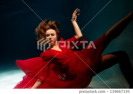 Underwater scene with woman reaching and floating fabric wings Underwater scene with woman reaching and floating fabric wings 139667195