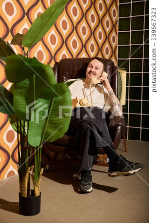 White man fashion influencer lounging, retro aesthetic White man fashion influencer lounging, retro aesthetic 139667323
