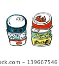 A hand-drawn illustration of disaster preparedness: Stockpiling long-lasting canned goods for emergency supplies using a rolling stock system. 139667546