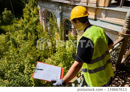 Property inspector records structural issues on balcony with tools Property inspector records structural issues on balcony with tools 139667613