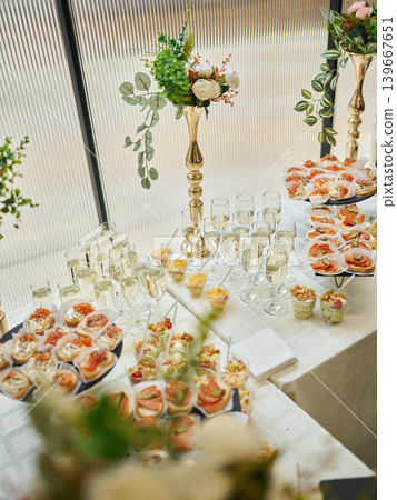 Elegant event display. Sophisticated setup with drinks and decor Elegant event display. Sophisticated setup with drinks and decor 139667651