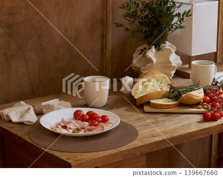 Simple breakfast setup. Quiet morning with cheese and tomatoes Simple breakfast setup. Quiet morning with cheese and tomatoes 139667660