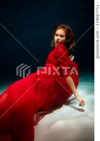 Mystical underwater scene featuring white mermaid in chiffon dress Mystical underwater scene featuring white mermaid in chiffon dress 139667711