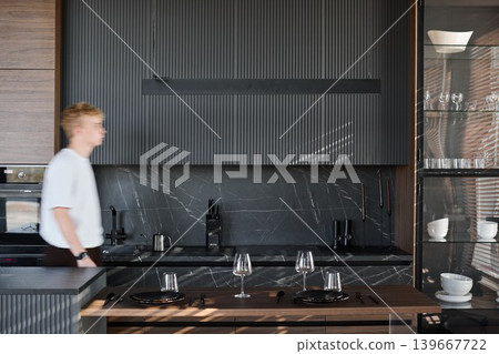 Professional evaluation of modern kitchen space for marketing purposes 139667722