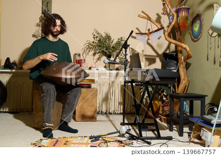 Music enthusiast combining pedals and controllers for rhythmic textures Music enthusiast combining pedals and controllers for rhythmic textures 139667757