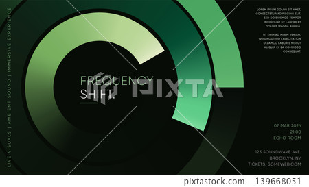 Green circle abstract ambient sound poster template with geometric rings on dark background Green circle abstract ambient sound poster template with geometric rings on dark background 139668051