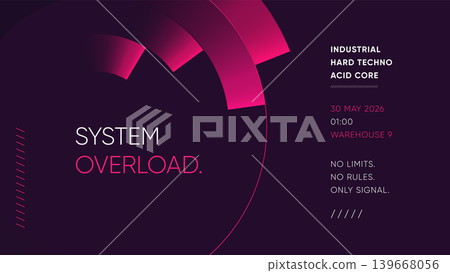 Pink circle abstract techno music poster template with neon rings on dark background 139668056